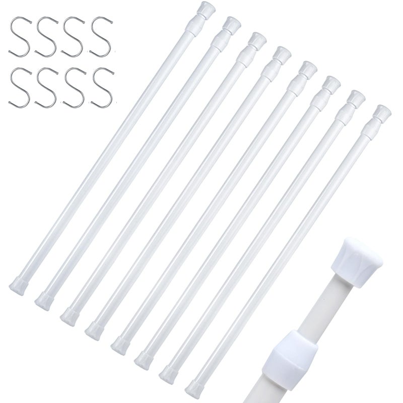 DeELF Outlet 8 Packs Small Tension Rods 16 to 28 inch, Spring Loaded Curtain Rods, RV Refrigerator Tension Rod, RV Curtain Rod for Camper Windows, Kitchen, Closet and Cabinet, White - Image 1